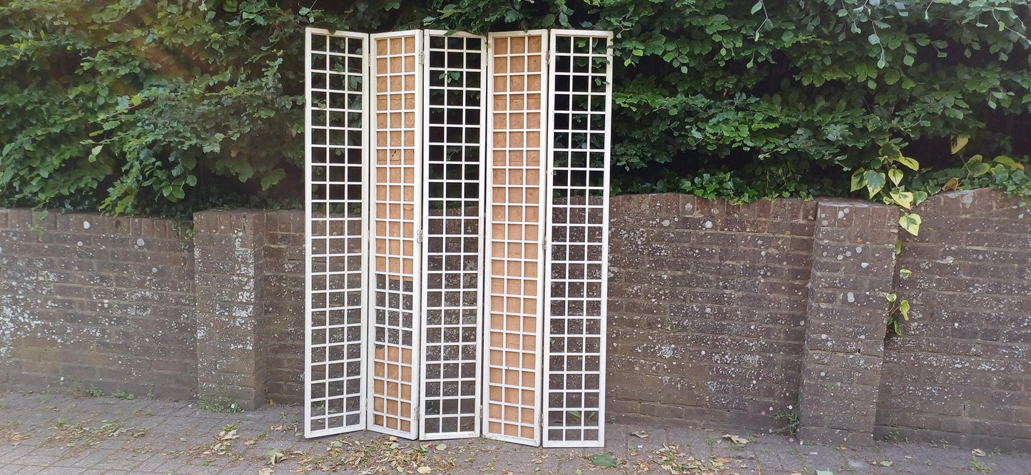 Vintage Mid Century Folding Room Divider Privacy Screen 5 Panel White Lattice Frame Shabby Chic Partition – Retro Folding FREE HAND Delivery