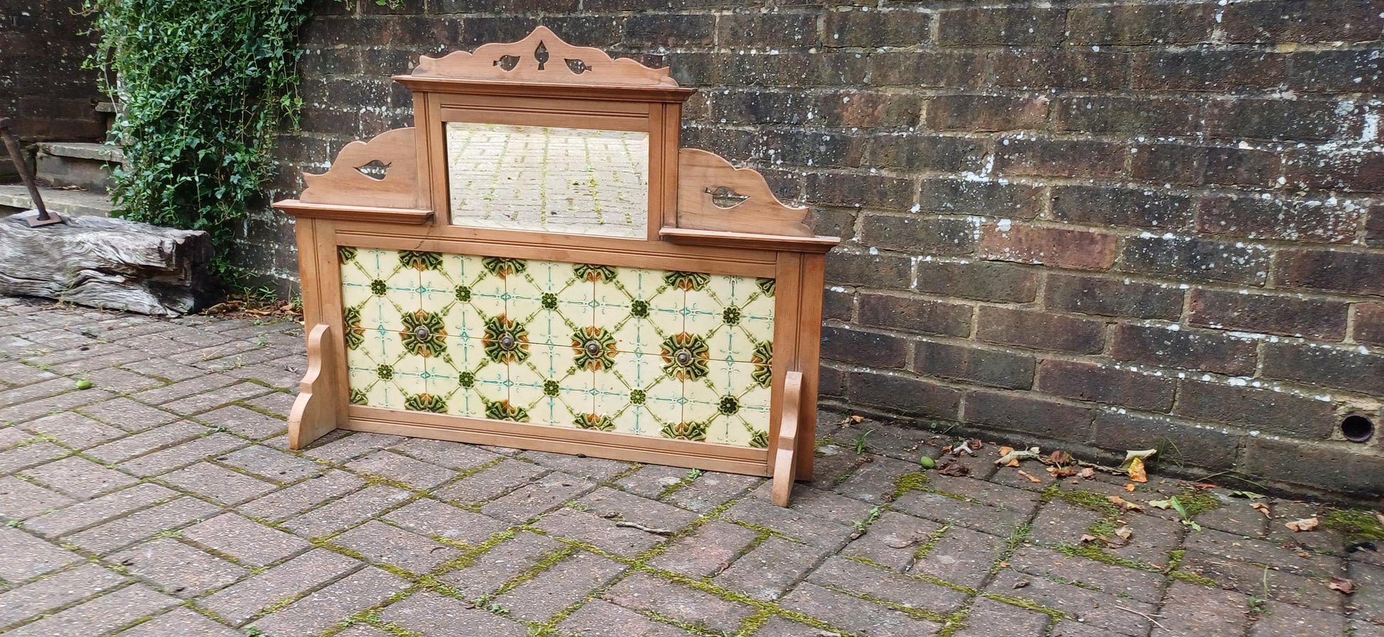 Huge Victorian Washstand Back Original Art Nouveau Majolica Tiles Carved Mirror Overmantel Antique Salvaged Mantelpiece FREE HAND Delivery