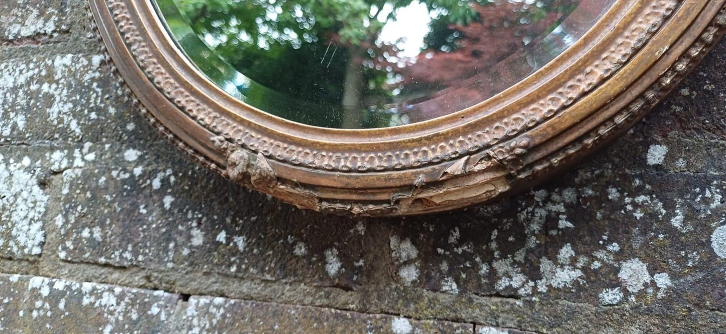 1900s vintage gold gesso framed bevelled mirror - ornate detail round mirror