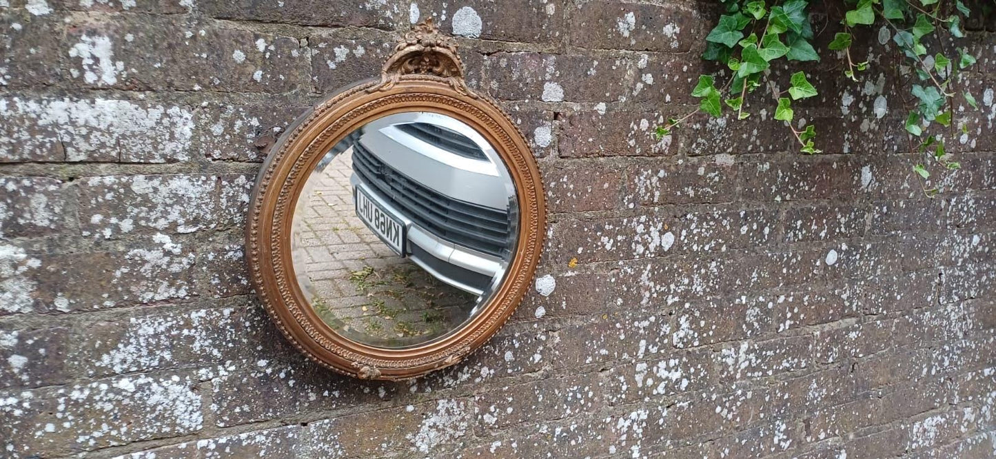 1900s vintage gold gesso framed bevelled mirror - ornate detail round mirror