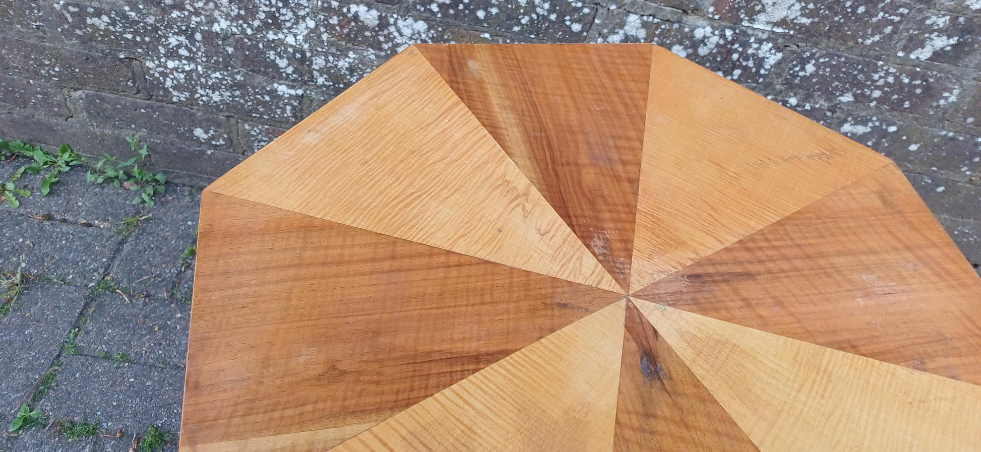 Art Deco Handcrafted Wooden Pedestal Table – Octagonal Sunburst Veneer Top, Vintage Side or Display Table FREE HAND Delivery