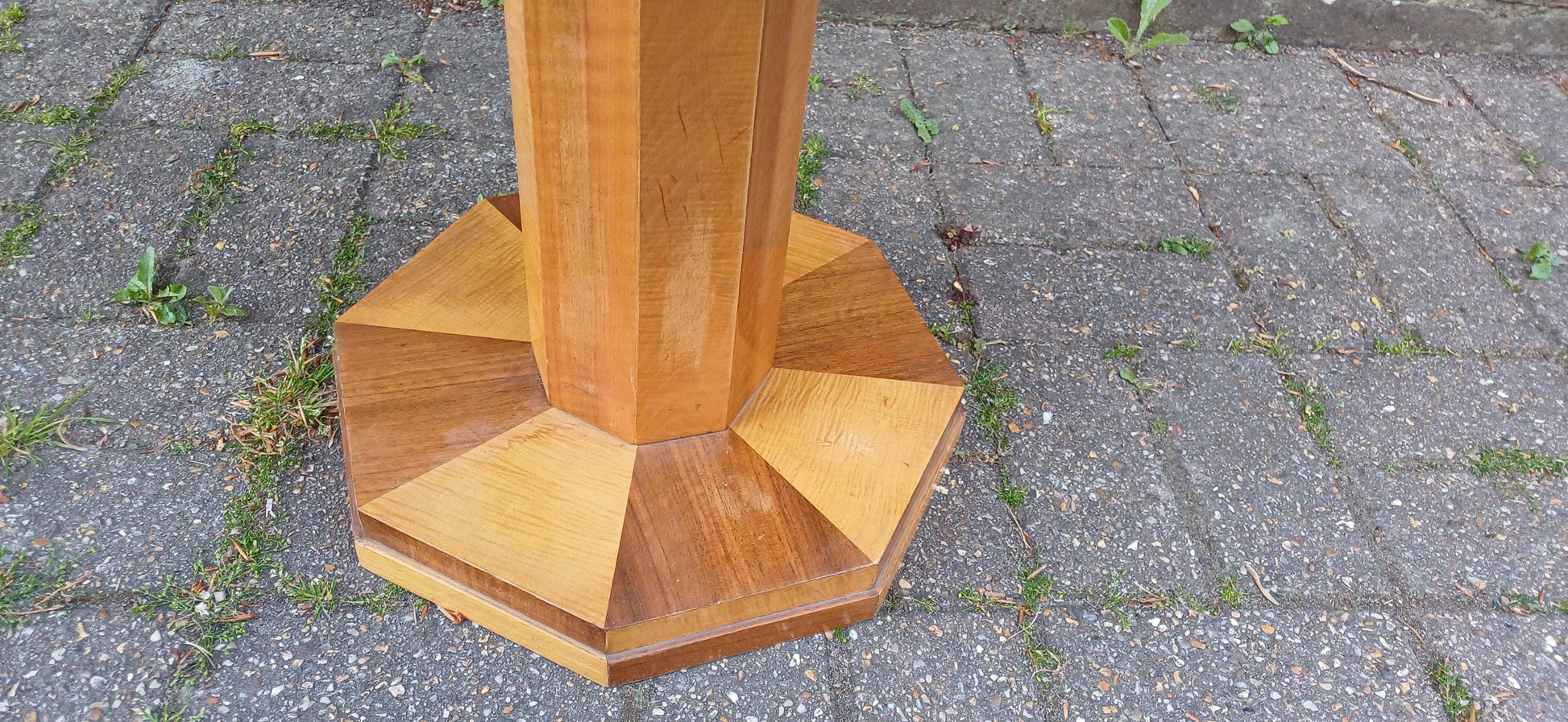 Art Deco Handcrafted Wooden Pedestal Table – Octagonal Sunburst Veneer Top, Vintage Side or Display Table FREE HAND Delivery