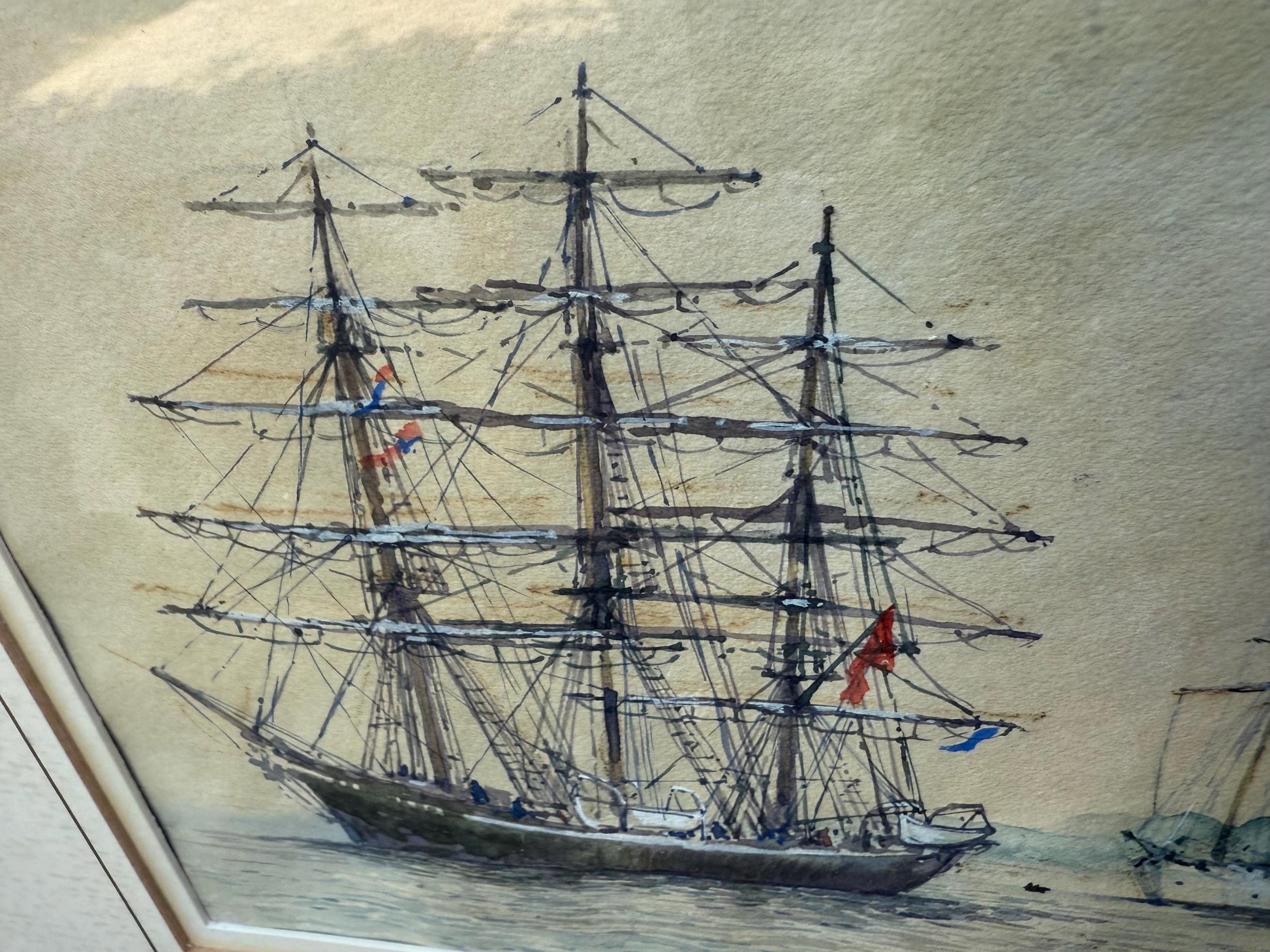Original Watercolour Maritime Painting by Robert Boar titled Days of Sail, Tall Ships in Harbour Scene, Nautical Framed Artwork