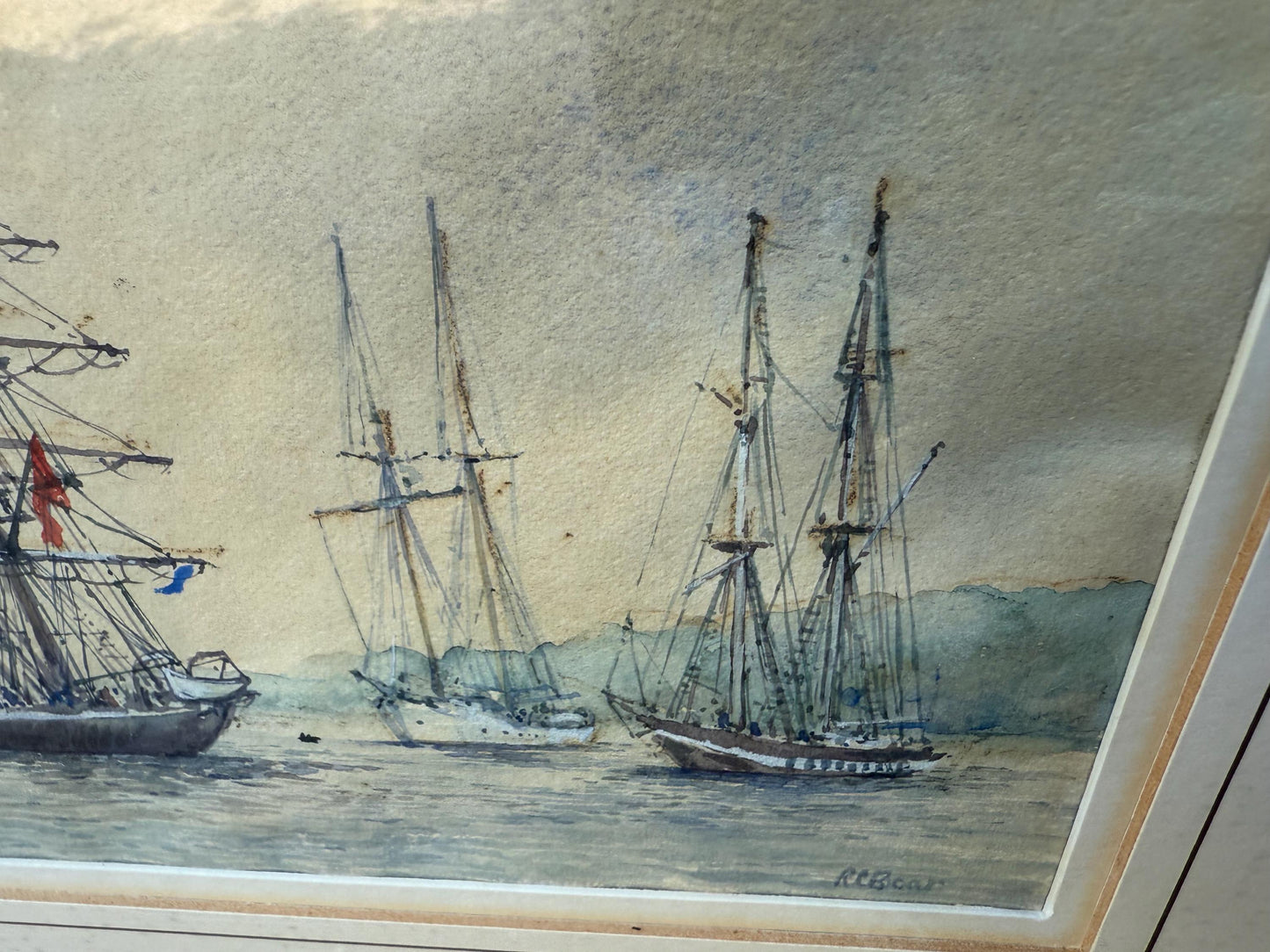 Original Watercolour Maritime Painting by Robert Boar titled Days of Sail, Tall Ships in Harbour Scene, Nautical Framed Artwork