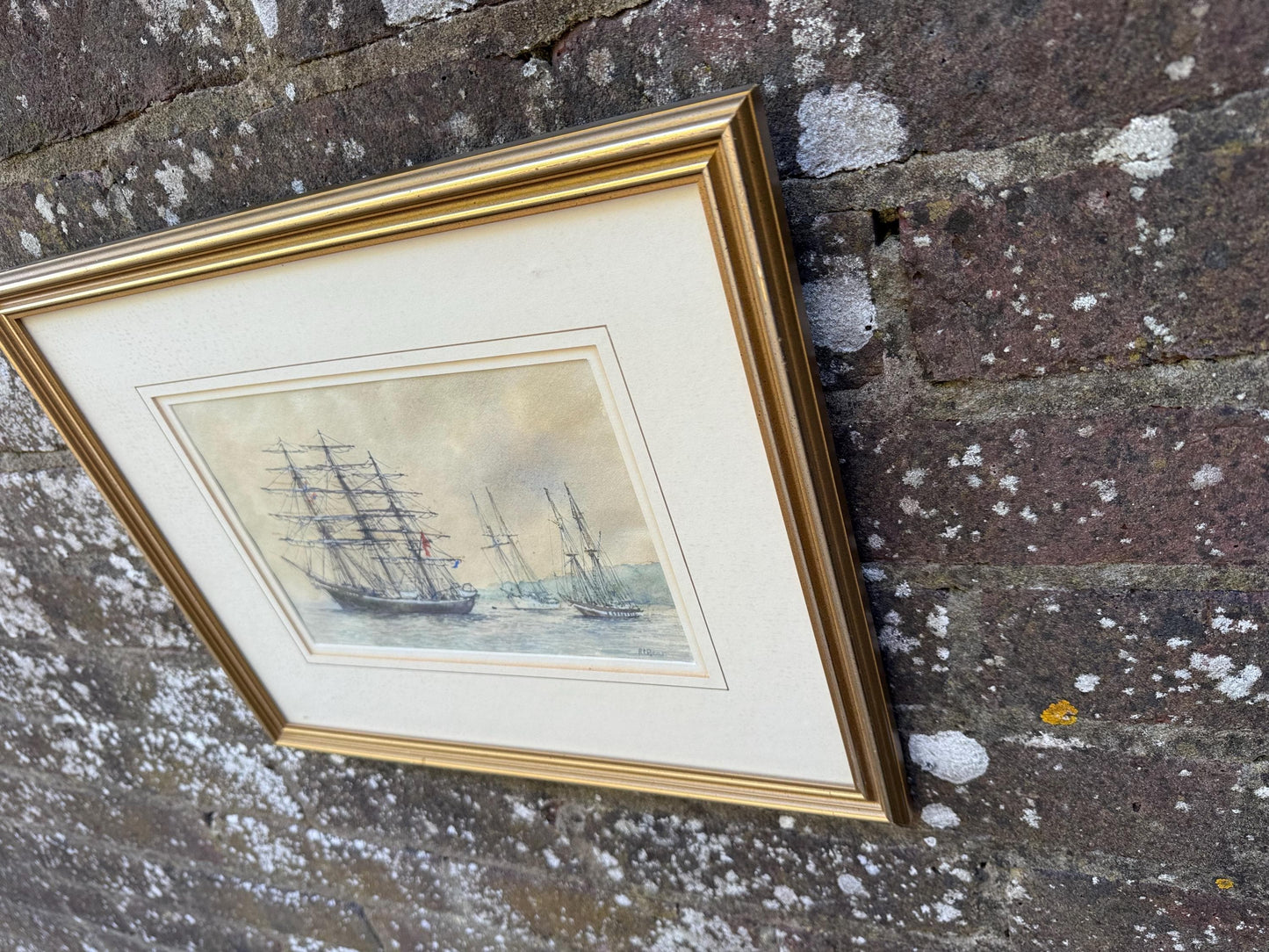 Original Watercolour Maritime Painting by Robert Boar titled Days of Sail, Tall Ships in Harbour Scene, Nautical Framed Artwork