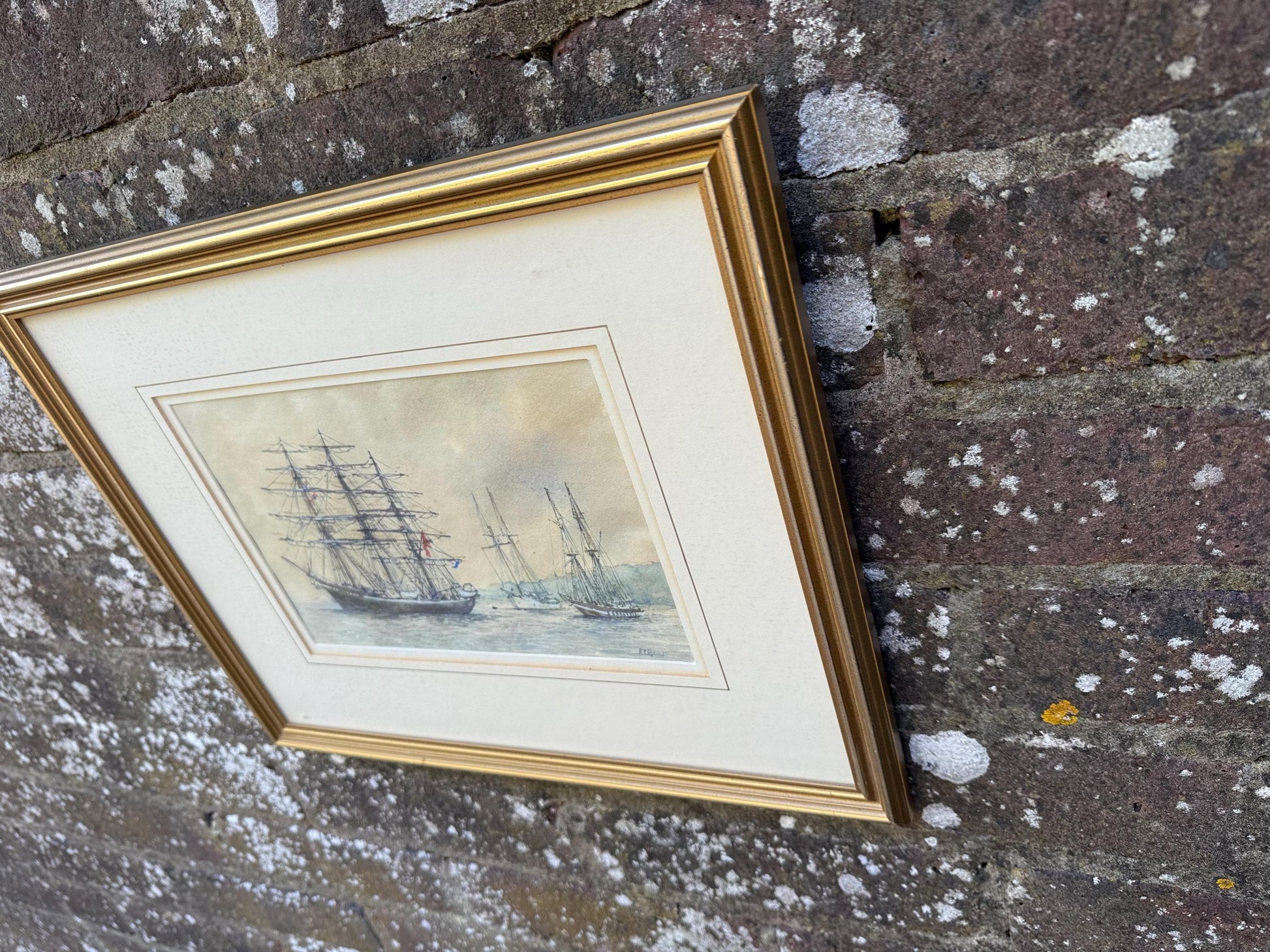 Original Watercolour Maritime Painting by Robert Boar titled Days of Sail, Tall Ships in Harbour Scene, Nautical Framed Artwork