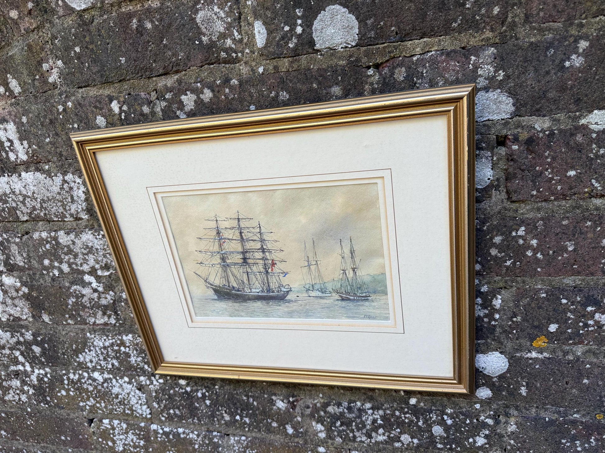 Original Watercolour Maritime Painting by Robert Boar titled Days of Sail, Tall Ships in Harbour Scene, Nautical Framed Artwork