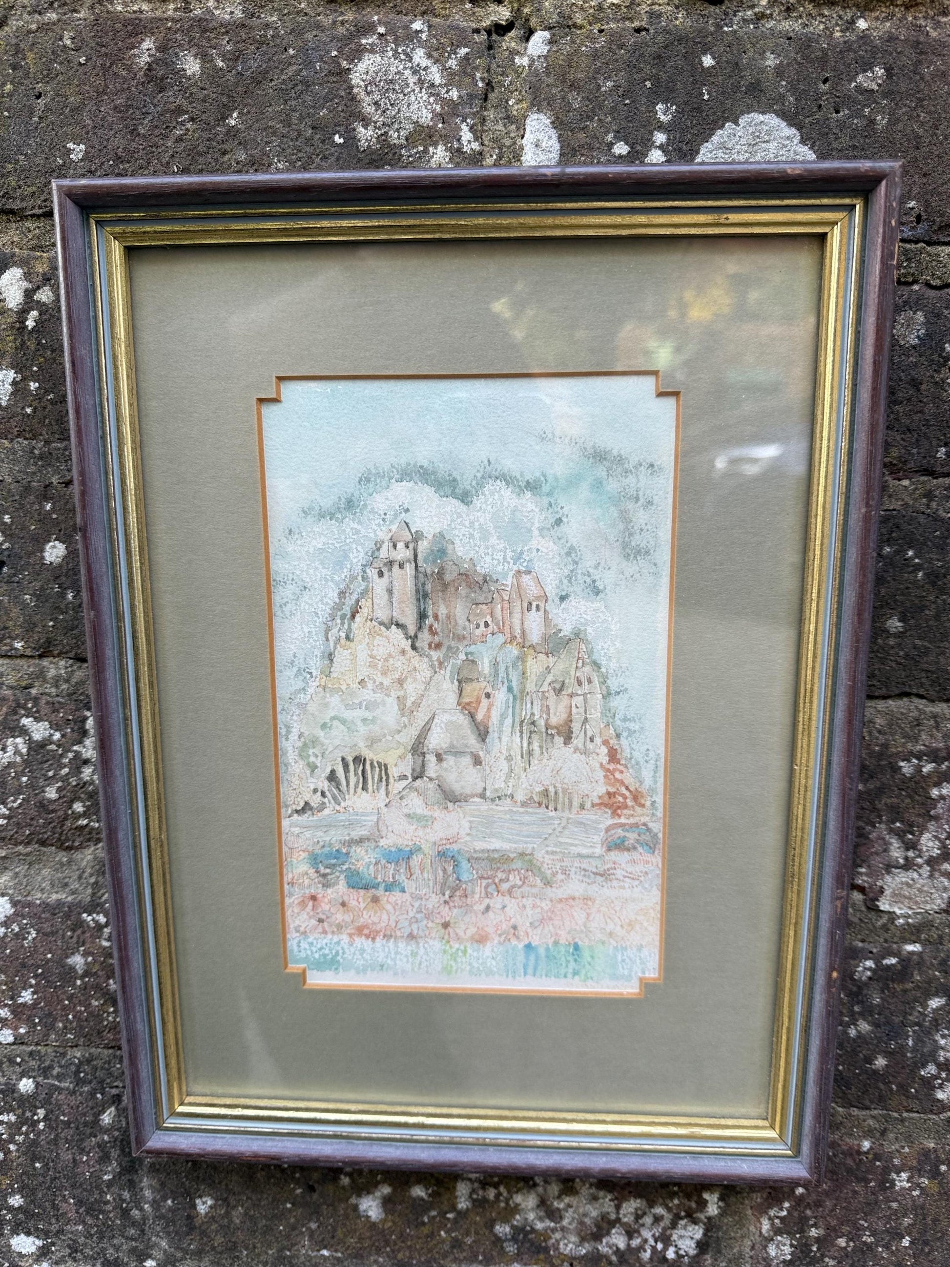 Vintage Original French Village Watercolour, naive style, Framed Pastoral Countryside Scene, Soft Impressionist Style Artwork