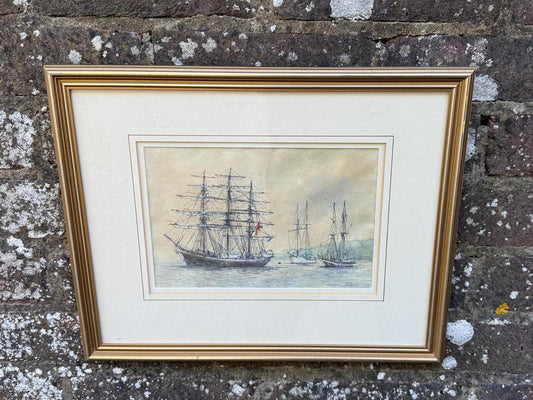 watercolour of sailing boats by robert boar a kent artist. wonderful detail in vintage gilt wooden frame. glazed frame. ready to hang