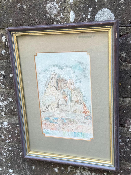 naive original watercolour of a french village. beautifully mounted and framed in vintage frame. lovely colours in pastel oranges, greens and blues and browns. very reminiscent of a french scene
