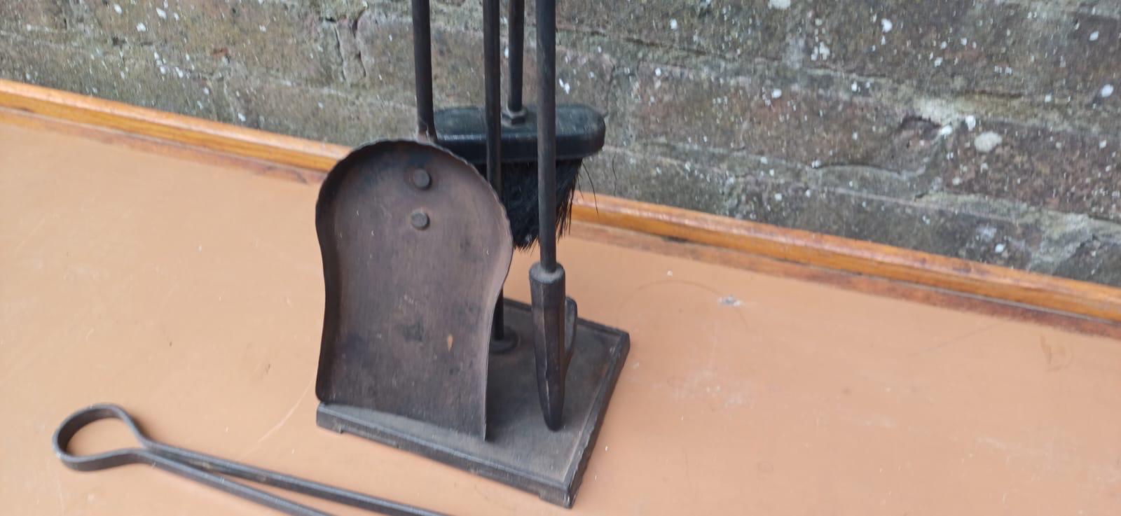 Delightful vintage retro full fire iron set with a stand - vintage fire poker, fire stand, shovel, fire tongs - metal vintage fire set