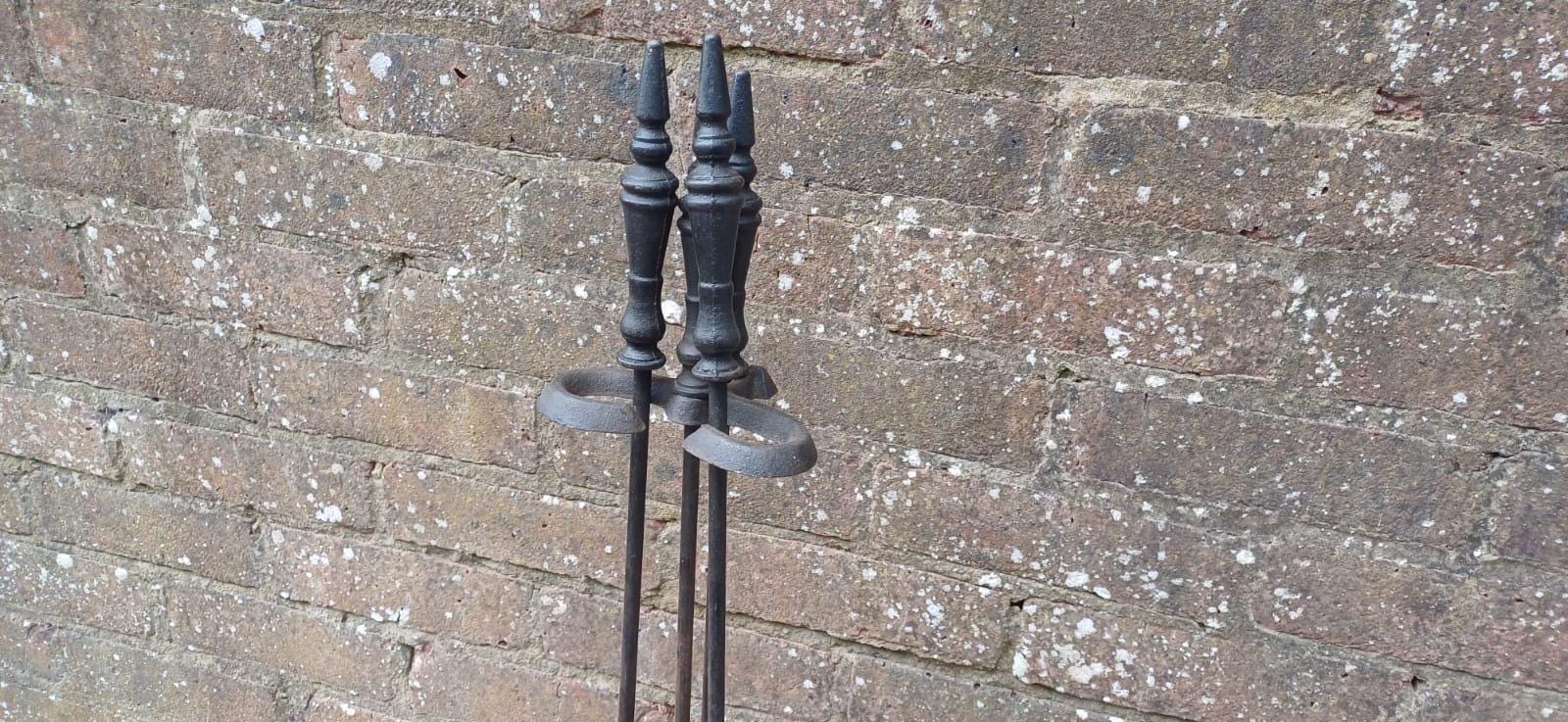Delightful vintage retro full fire iron set with a stand - vintage fire poker, fire stand, shovel, fire tongs - metal vintage fire set