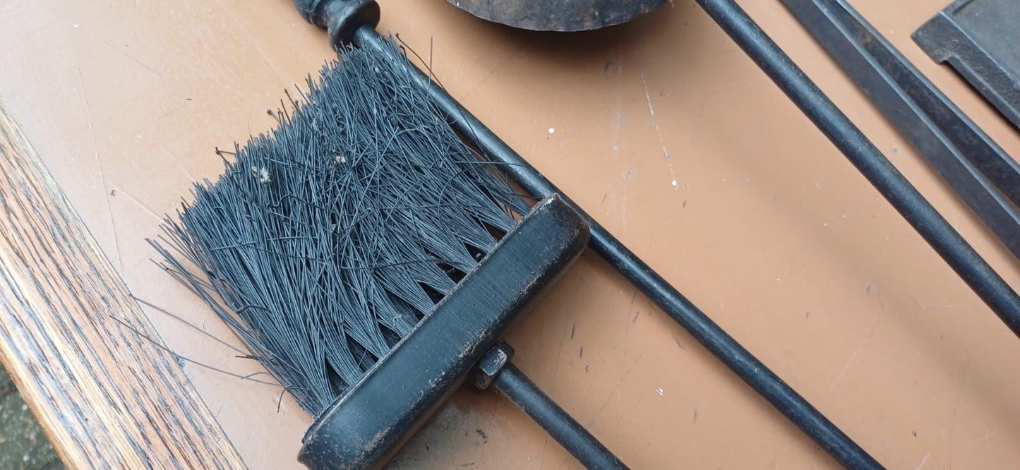 Delightful vintage retro full fire iron set with a stand - vintage fire poker, fire stand, shovel, fire tongs - metal vintage fire set