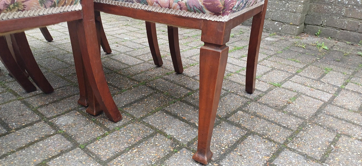 Set of 6 Antique Carved Walnut Dining Chairs with Floral Tapestry Seats Art Nouveau High End Quality Vintage FREE HAND Delivery