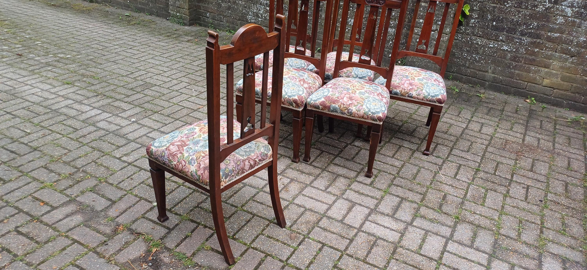Set of 6 Antique Carved Walnut Dining Chairs with Floral Tapestry Seats Art Nouveau High End Quality Vintage FREE HAND Delivery