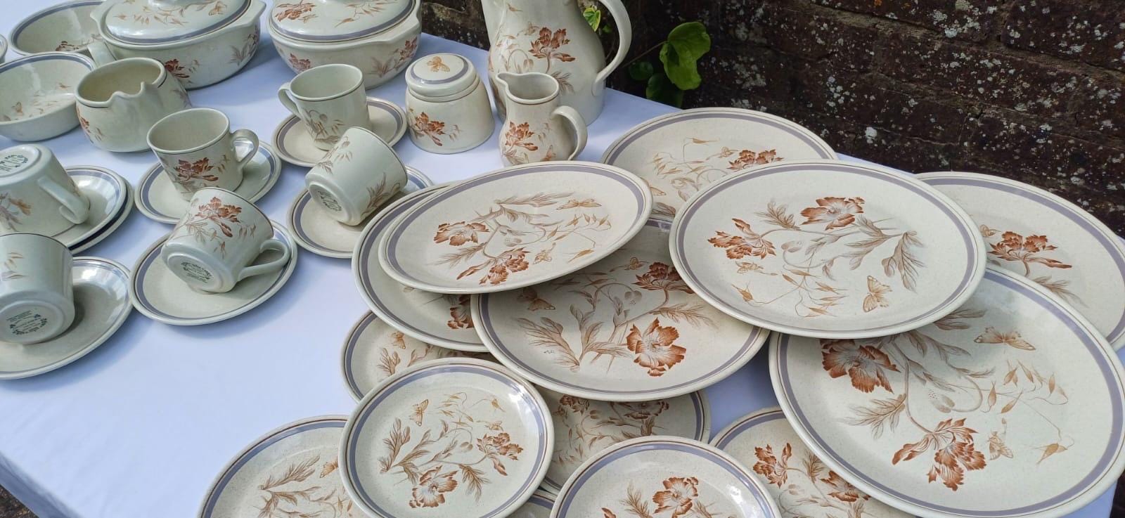Rare Vintage Royal Albert Summer Fantasy Country Garden Stoneware Dinner Set – min 6 place set, Floral & Butterfly Retro - 44 pieces