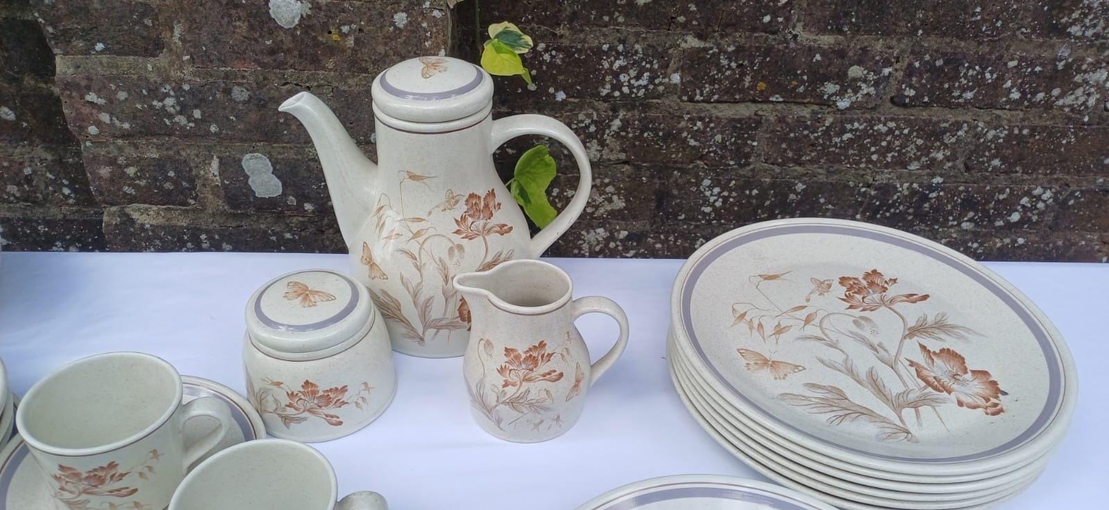 Rare Vintage Royal Albert Summer Fantasy Country Garden Stoneware Dinner Set – min 6 place set, Floral & Butterfly Retro - 44 pieces