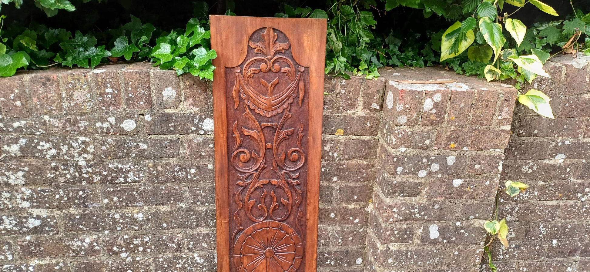 Tall Antique Hand Carved Wood Wall Panel Plaque With Neoclassical Foliate Detailing, Rich Patina, Victorian Country House Charm