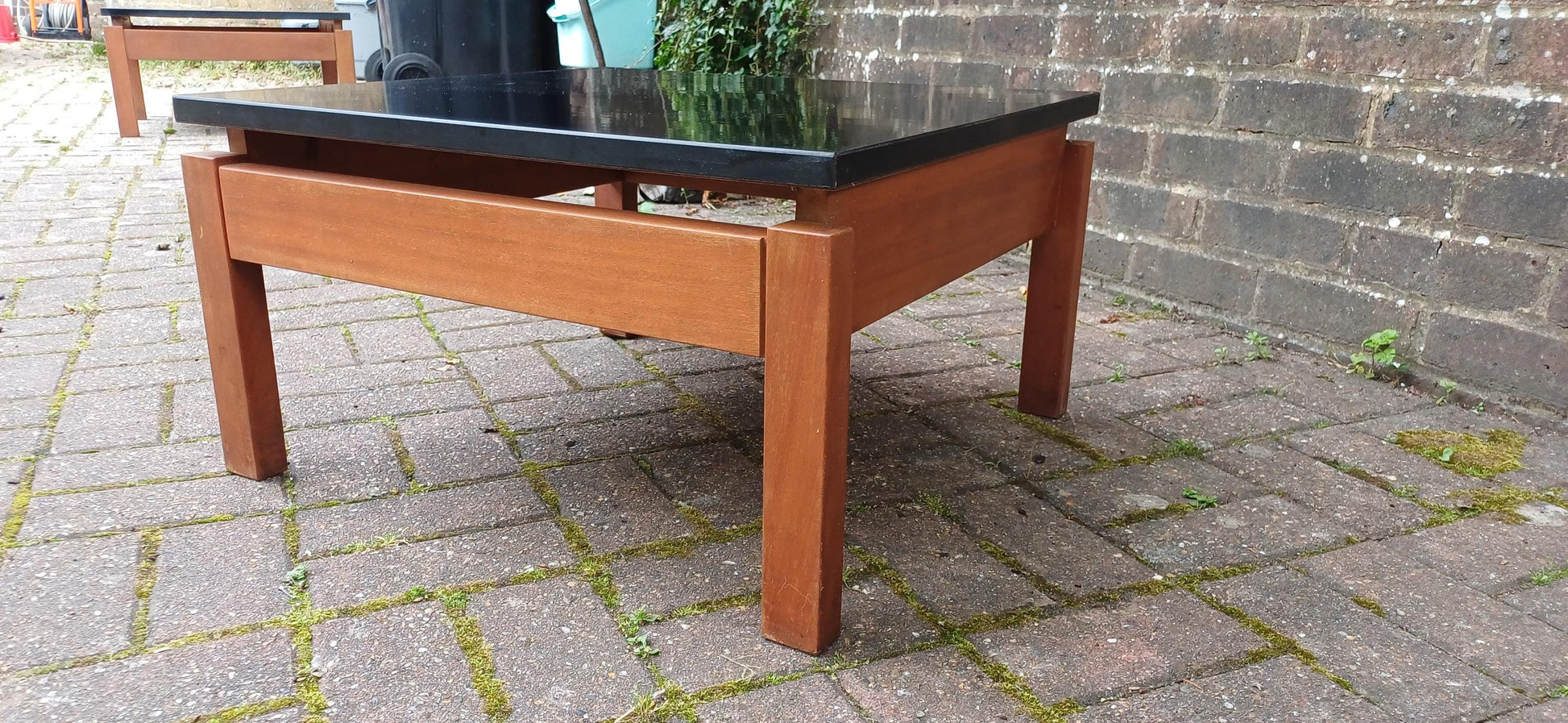 Vintage 1960s Teak & Black Formica Floating Coffee Table – Retro Mid Century Modern Square Table With Suspended Design Solid Frame