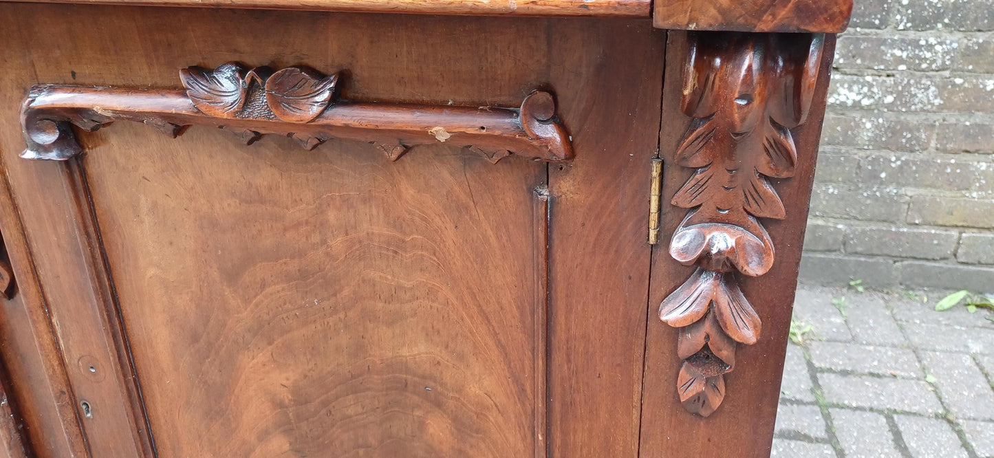 Antique Victorian Mahogany Sideboard Buffet Cabinet | Carved Mirror Back | English 19th Century Furniture