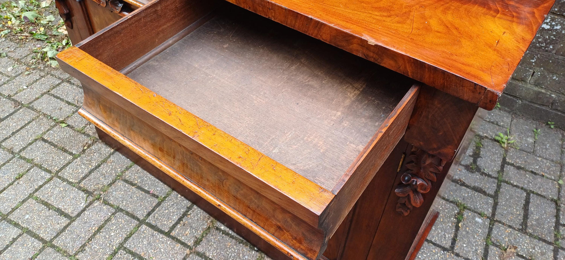Antique Victorian Mahogany Sideboard Buffet Cabinet | Carved Mirror Back | English 19th Century Furniture
