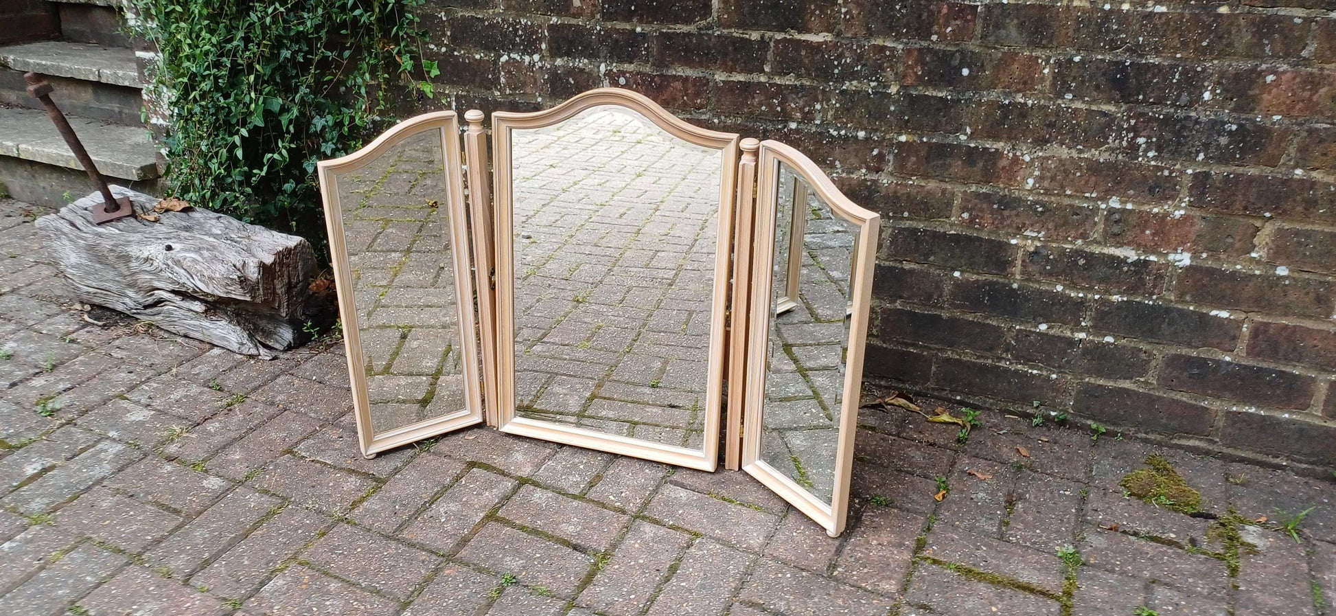 Vintage 1920s Limed Oak Dressing Table Mirror Bevelled Glass, Tilting Centre, Swing Panels, Elegant Vanity Display, Shabby Chic Style