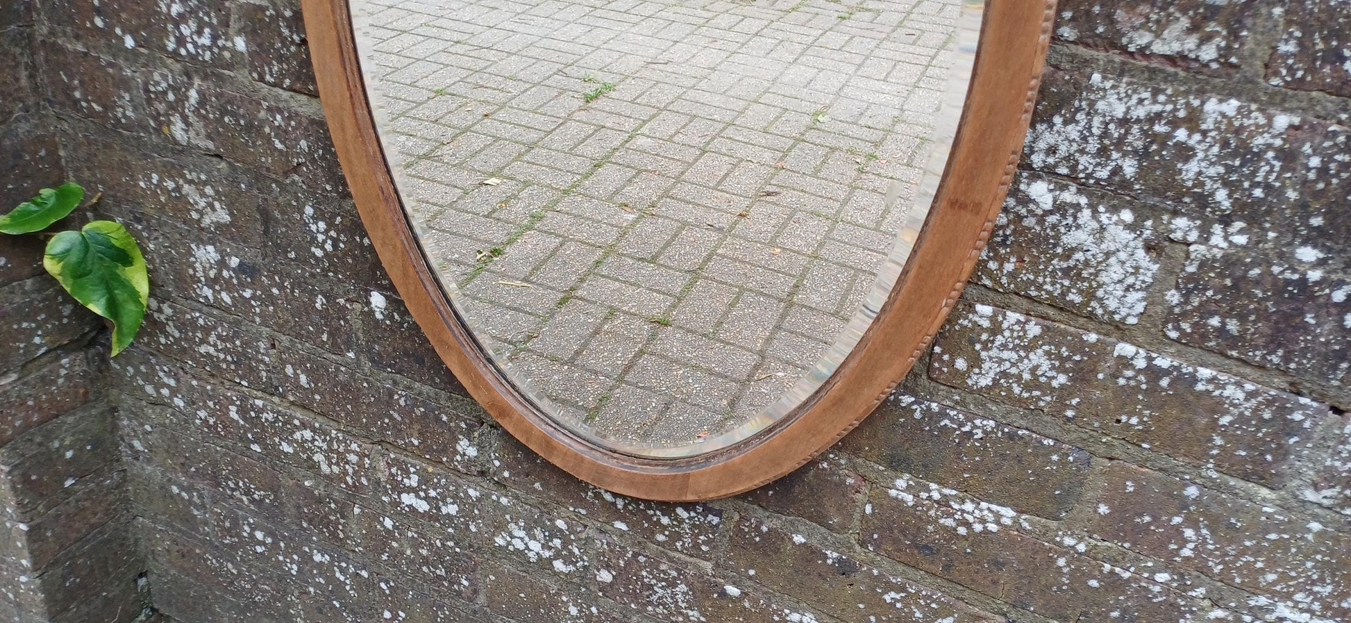 Antique Oval Wall Mirror with Stripped Mahogany Wooden Frame – Rustic Vintage Vanity or Hallway Decor Original Well Preserved Bevelled Glass