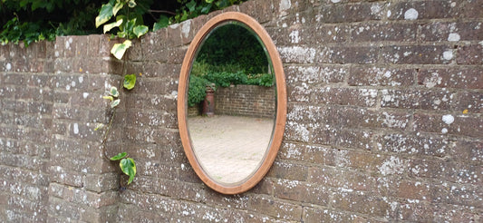 Antique Oval Wall Mirror with Stripped Mahogany Wooden Frame – Rustic Vintage Vanity or Hallway Decor Original Well Preserved Bevelled Glass