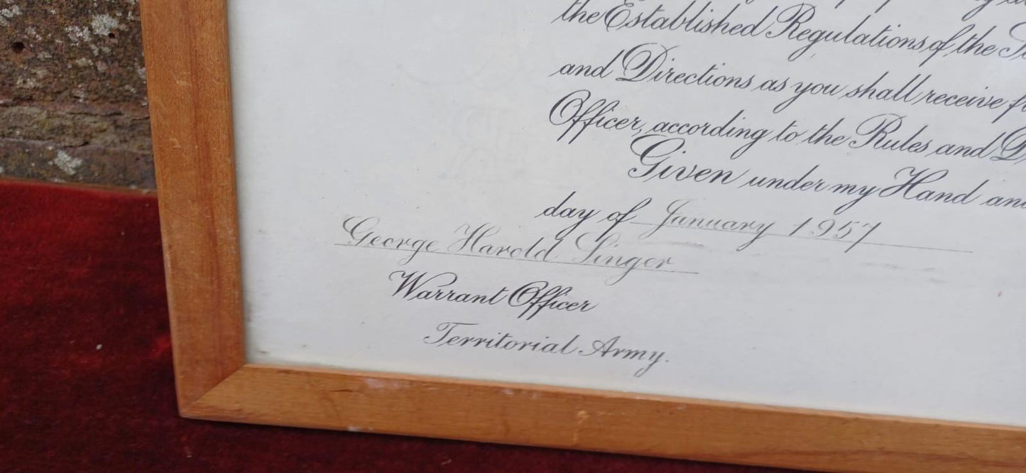 1957 British Army Warrant – George H. Singer Appointment as Territorial Army Officer, Original Military Document, Framed & Embossed