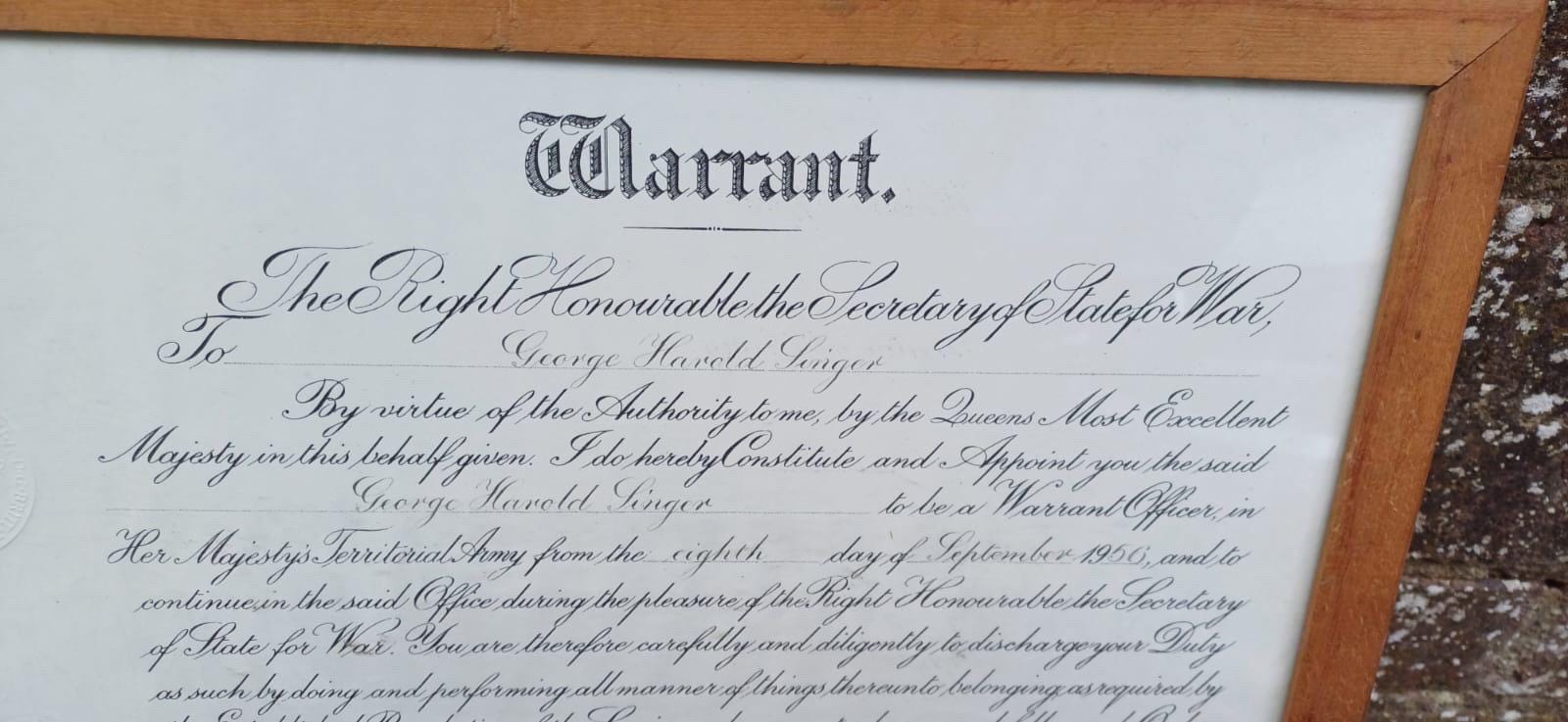 1957 British Army Warrant – George H. Singer Appointment as Territorial Army Officer, Original Military Document, Framed & Embossed