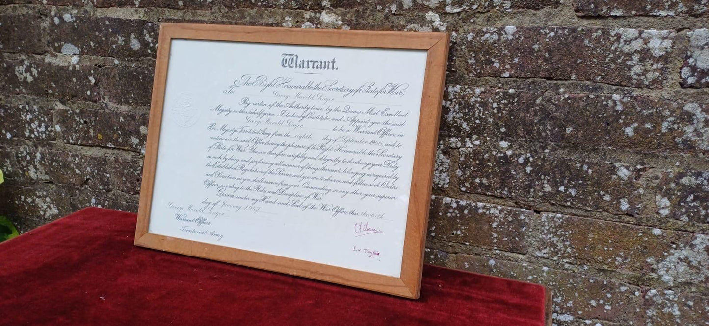 1957 British Army Warrant – George H. Singer Appointment as Territorial Army Officer, Original Military Document, Framed & Embossed