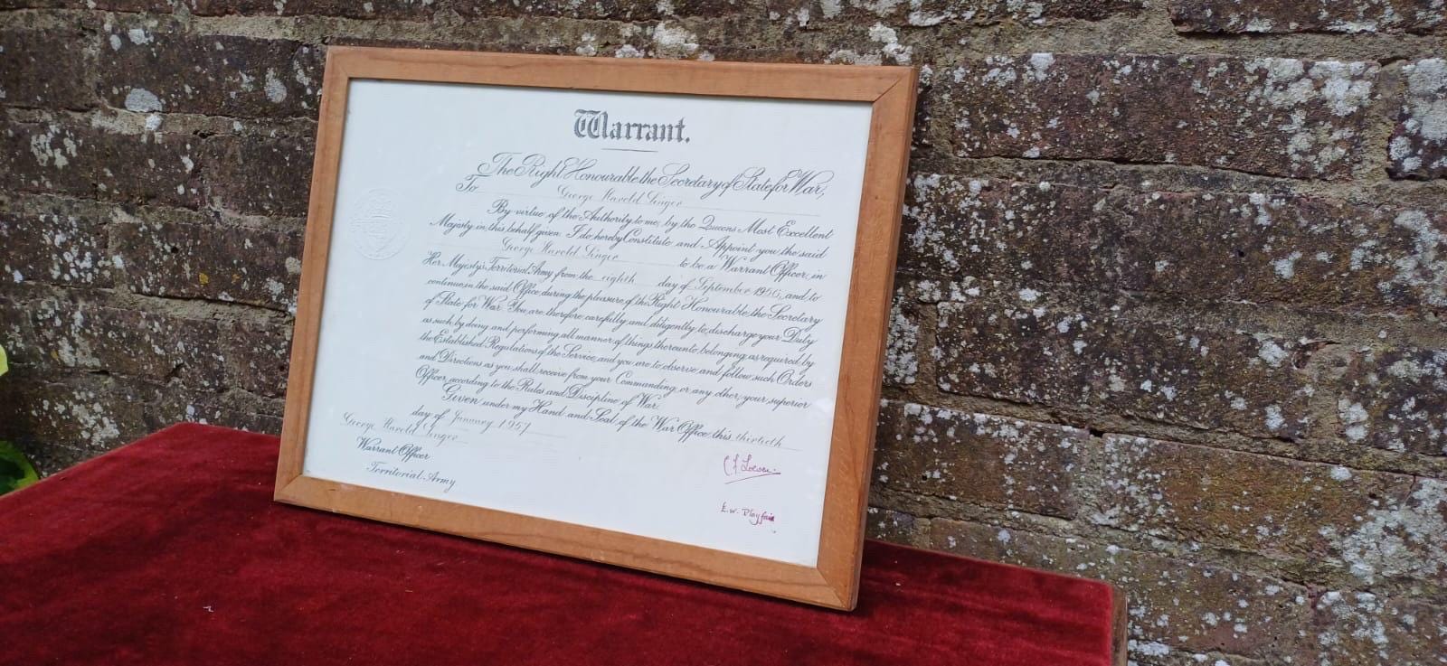 1957 British Army Warrant – George H. Singer Appointment as Territorial Army Officer, Original Military Document, Framed & Embossed