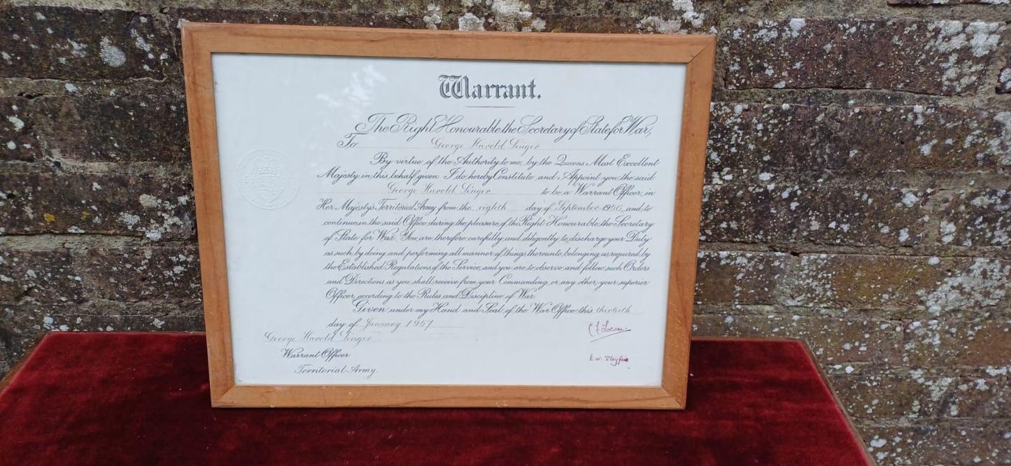 1957 British Army Warrant – George H. Singer Appointment as Territorial Army Officer, Original Military Document, Framed & Embossed