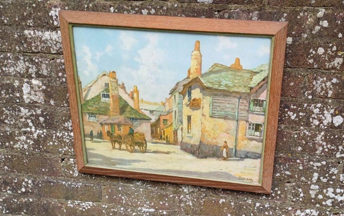 Rare Vintage 1900s print of The Sloop Inn, St Ives, Cornwall - painted by Brean, of Inn 1669 - framed in vintage wooden frame - read to hang