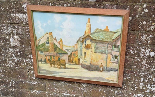 Rare Vintage 1900s print of The Sloop Inn, St Ives, Cornwall - painted by Brean, of Inn 1669 - framed in vintage wooden frame - read to hang
