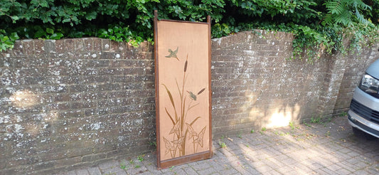 Vintage Hand-Stitched Embroidered Room Divider with Birds, Cattails & Leaves | 20th Century Folding Panel Decorative Screen
