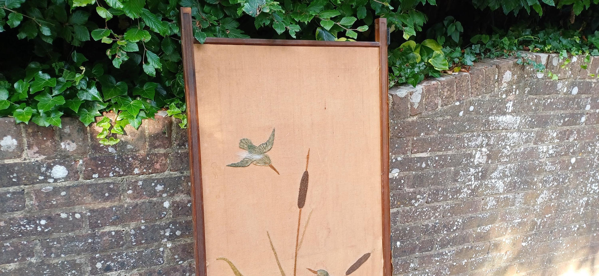 Vintage Hand-Stitched Embroidered Room Divider with Birds, Cattails & Leaves | 20th Century Folding Panel Decorative Screen