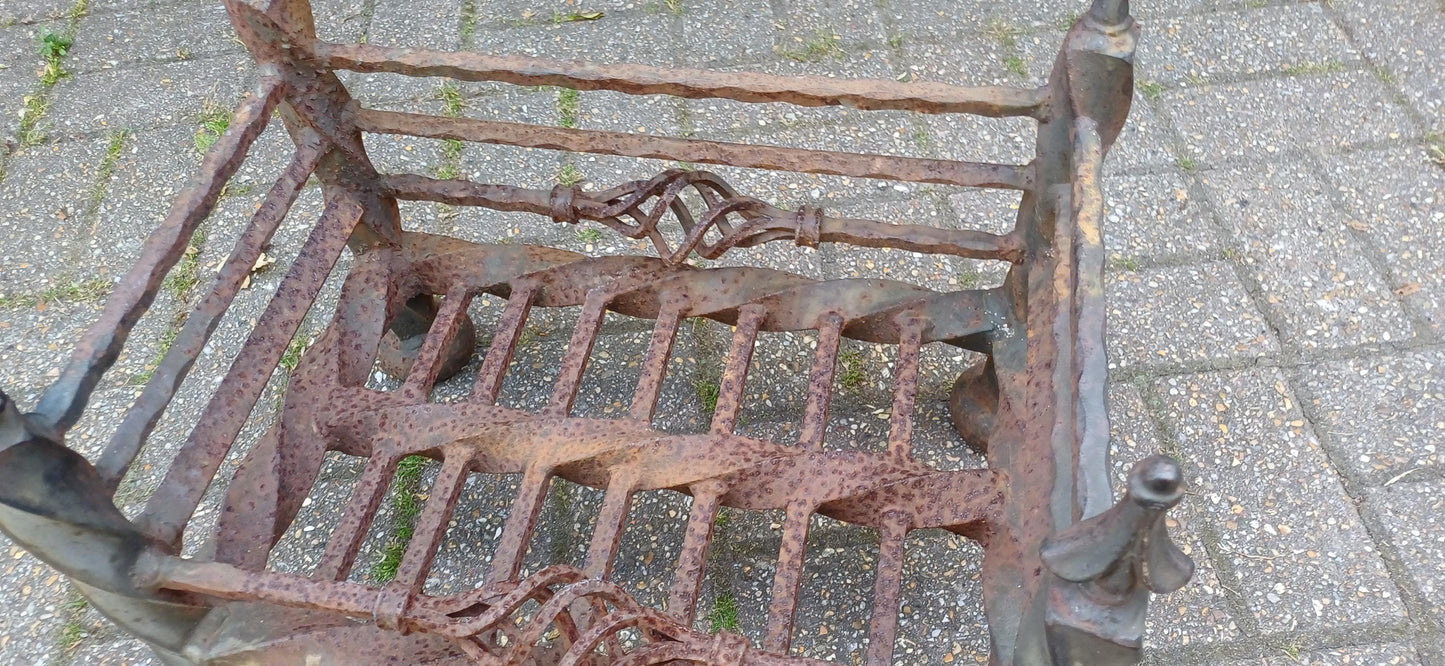 Antique Wrought Iron Fire Grate Gothic Fireplace Heavy Twisted Scrollwork Log Basket Salvage Hearth Piece with Patina FREE HAND Delivery