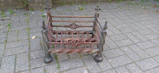 Antique Wrought Iron Fire Grate Gothic Fireplace Heavy Twisted Scrollwork Log Basket Salvage Hearth Piece with Patina FREE HAND Delivery