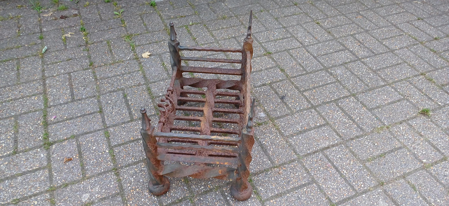 Antique Wrought Iron Fire Grate Gothic Fireplace Heavy Twisted Scrollwork Log Basket Salvage Hearth Piece with Patina FREE HAND Delivery