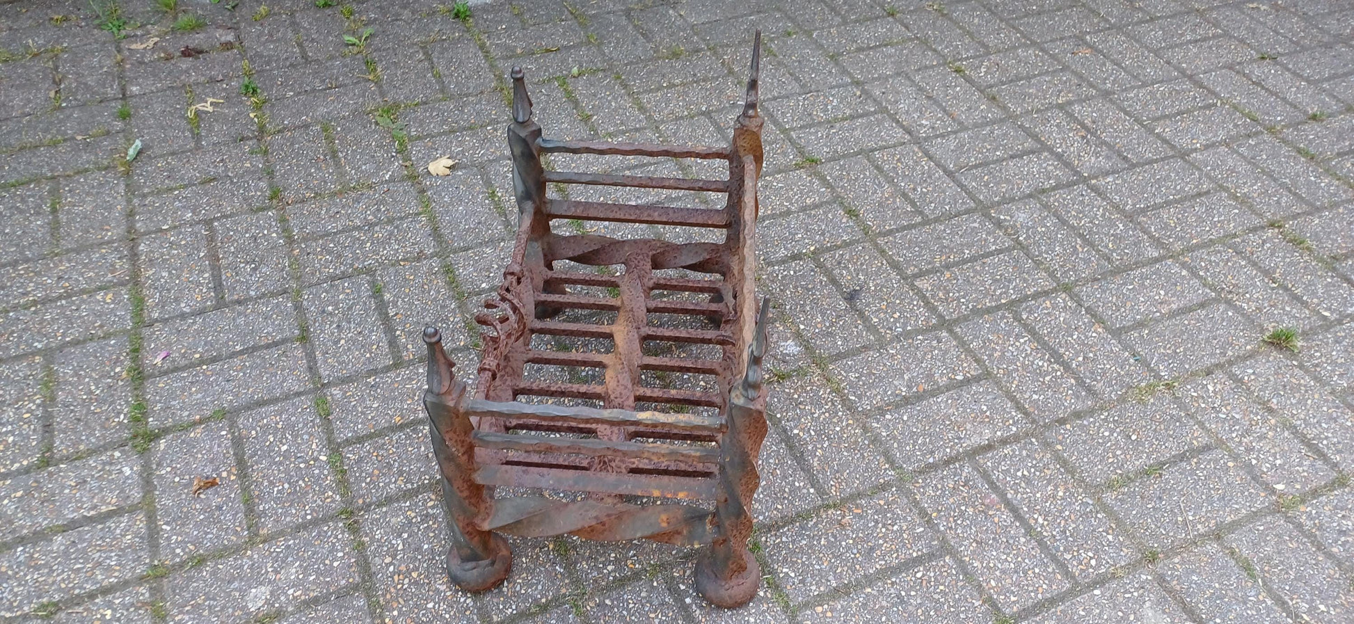 Antique Wrought Iron Fire Grate Gothic Fireplace Heavy Twisted Scrollwork Log Basket Salvage Hearth Piece with Patina FREE HAND Delivery