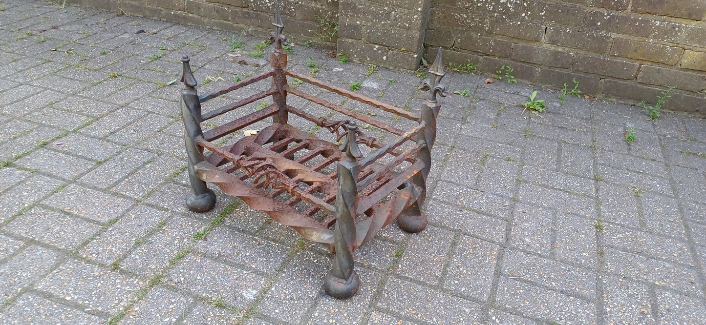 Antique Wrought Iron Fire Grate Gothic Fireplace Heavy Twisted Scrollwork Log Basket Salvage Hearth Piece with Patina FREE HAND Delivery