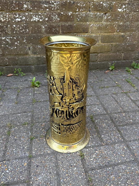 1980s vintage brass metal umbrella stand, tall vase, walking stick holder - fabulous traditional design - vgc