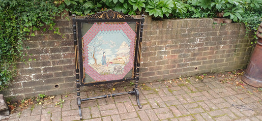 Huge Antique Victorian Ebonised Screen Oriental Tapestry Black Lacquer Fire Screen with Gilt Decoration Turned Supports FREE HAND Delivery