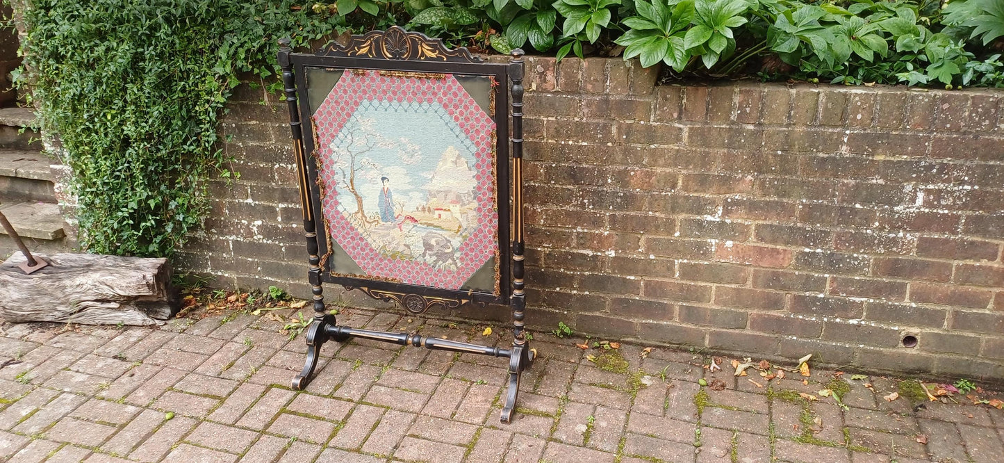 Huge Antique Victorian Ebonised Screen Oriental Tapestry Black Lacquer Fire Screen with Gilt Decoration Turned Supports FREE HAND Delivery