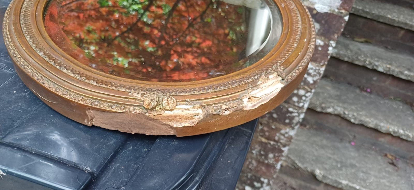 1900s vintage gold gesso framed bevelled mirror - ornate detail round mirror