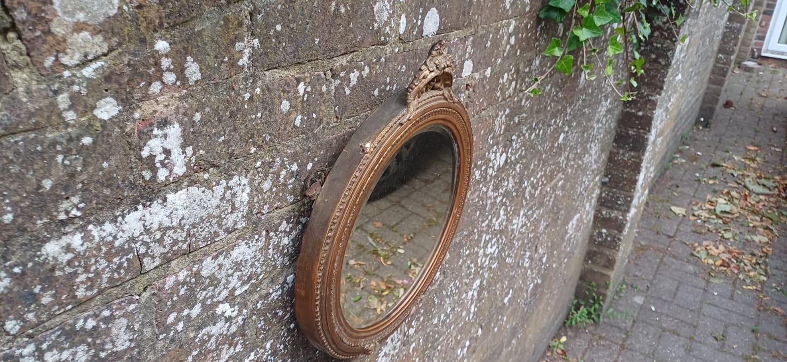 1900s vintage gold gesso framed bevelled mirror - ornate detail round mirror