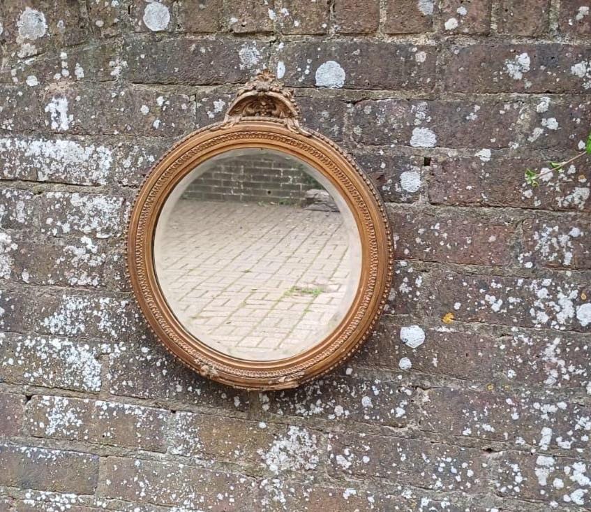 1900s vintage gold gesso framed bevelled mirror - ornate detail round mirror