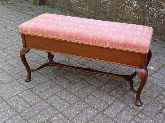 Vintage Queen Anne Style Mahogany Dual Piano Stool Storage Bench | Upholstered Seat in Rose Pink| Blanket Box Ottoman FREE HAND Delivery