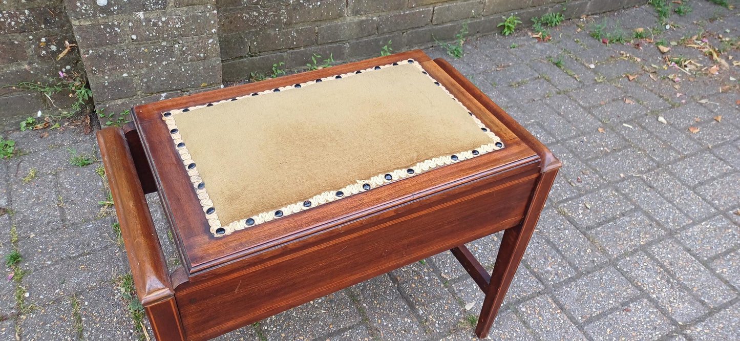 Antique Edwardian Upholstered Mahogany Piano Stool with Lift-Top Storage Box and Vintage Wooden Music Bench Decorative Seat